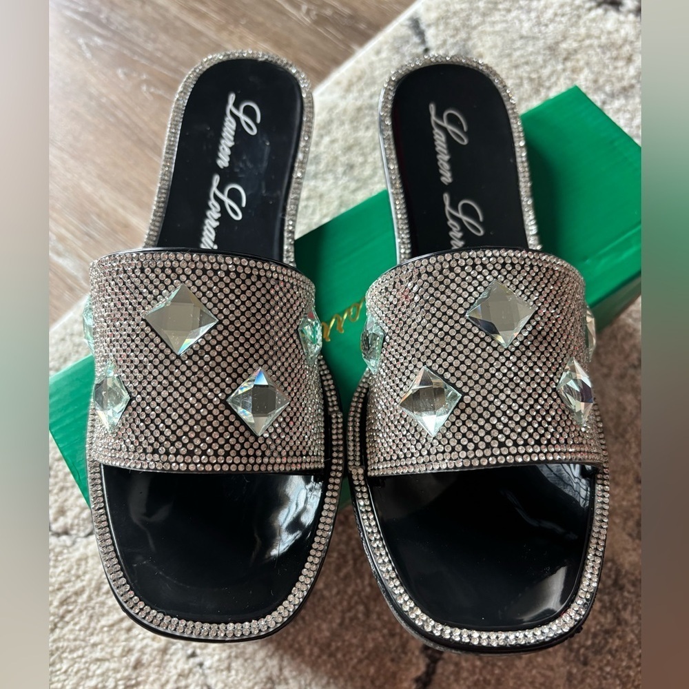 Lauren Lorraine Black Rhinestone Slide Sandals